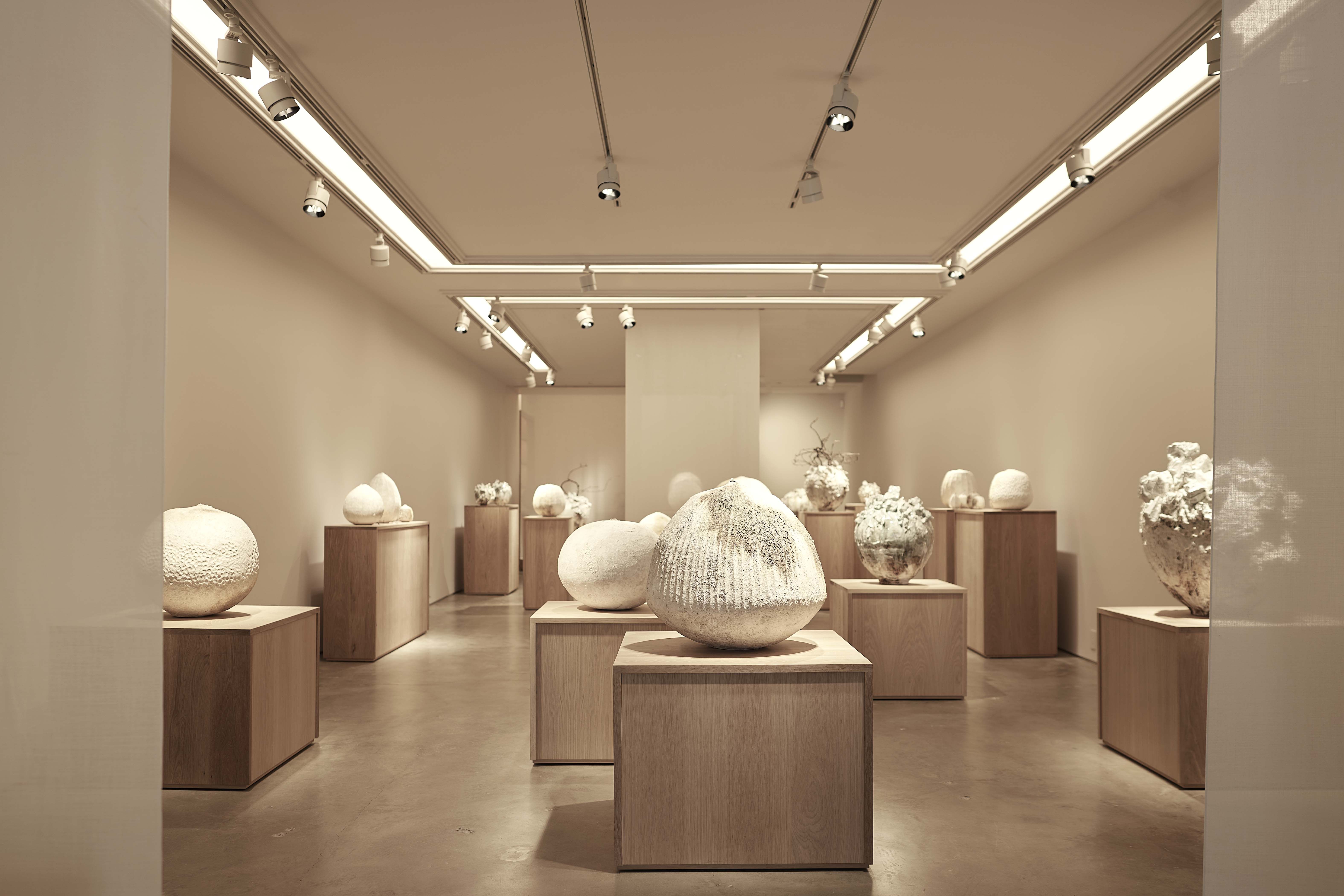 A List 2022 - ELLE DECOR gallery like room with pedestals and white objects on them