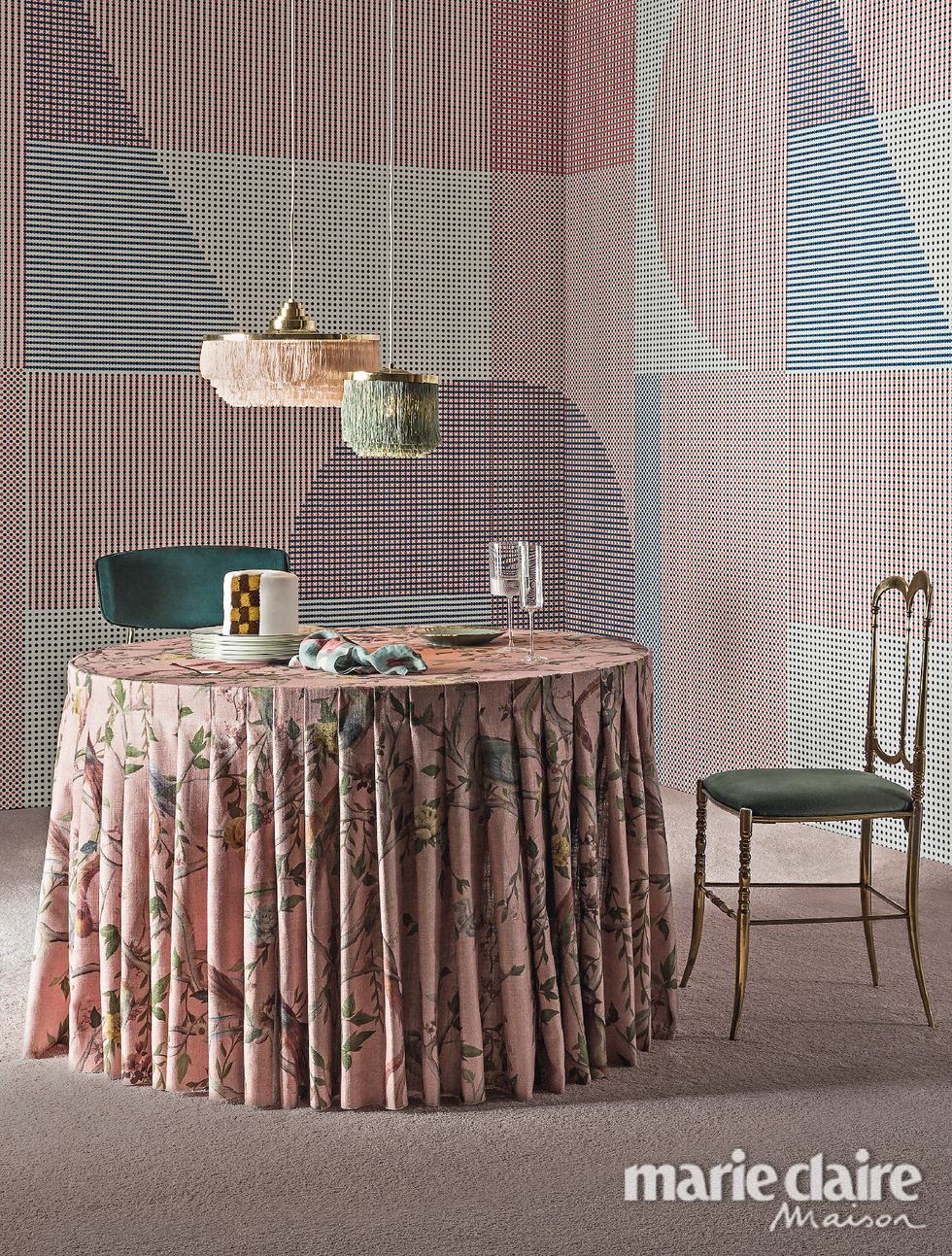 Room, Curtain, Furniture, Table, Wall, Pink, Interior design, Textile, Tablecloth, Window treatment, 
