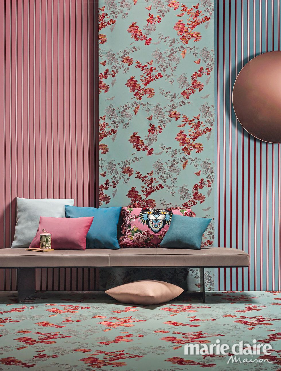 Red, Pink, Curtain, Wallpaper, Interior design, Wall, Room, Window treatment, Furniture, Orange, 