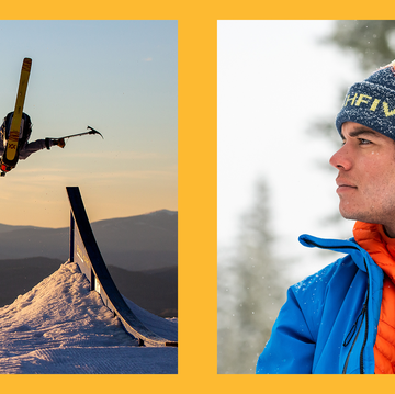 side by side images of trevor kennison doing a trick on a sit ski and trevor in a hat and ski jacket