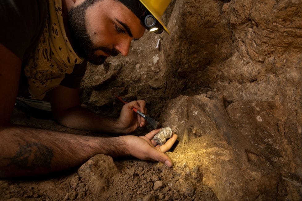 Archaeozoologist Gabriele Russo recreates the scene in which he discovered the Unicorn Cave bone Researchers assumed it was left behind by IceAge modern humans and were stunned when the bone was firmly dated to a time when only Neanderthals were present at the site Archaeozoologists like Russo specialize in studying animal remains from archaeological sites