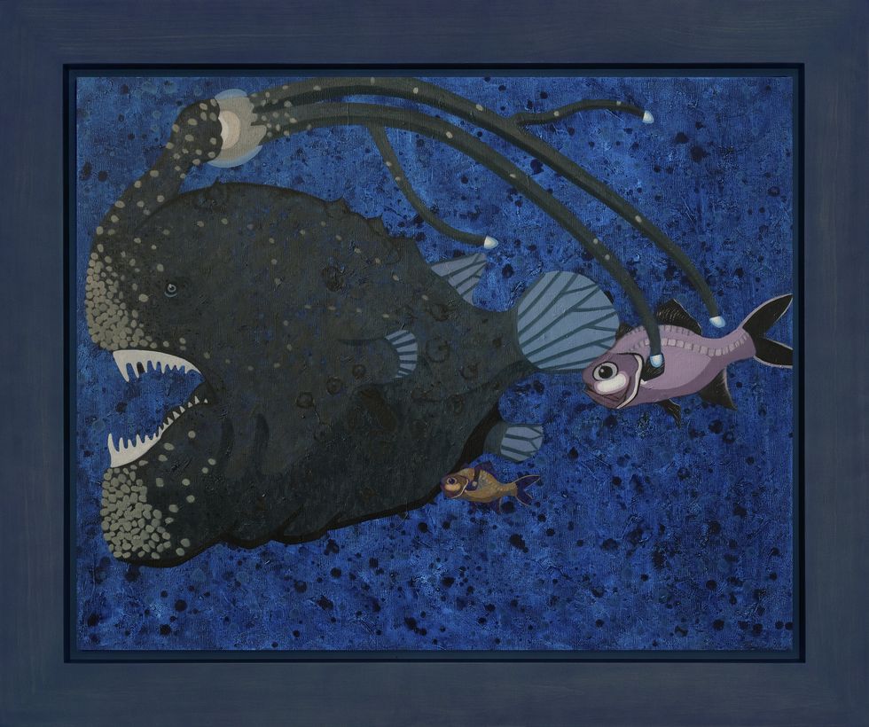 Fish, Fish, Blue, Illustration, Flatfish, Painting, Art, Visual arts, Deep sea fish, Tail, 