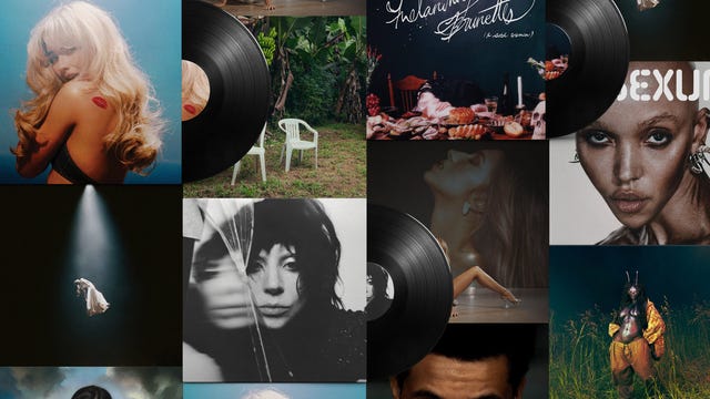 a collage featuring various artistic elements and visual themes including vinyl records fashion and nature