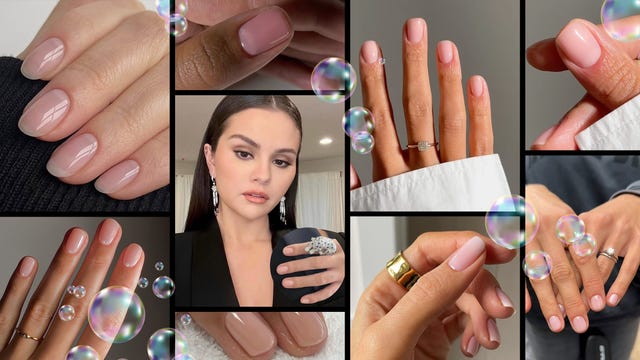 collage of wellmanicured hands showcasing different nail art and rings with bubbles in the background