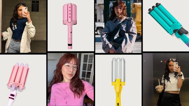 collection of hair styling tools alongside individuals showcasing hairstyle results