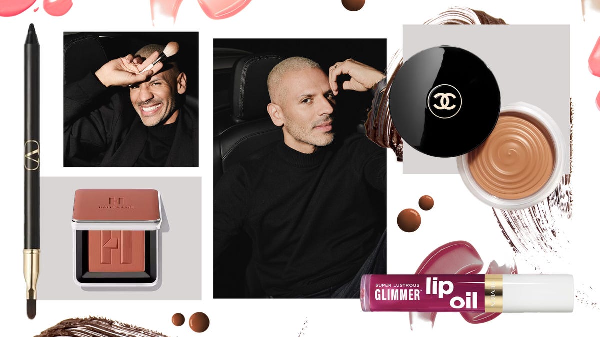 cosmetics display with makeup products featuring lip oil blush and foundation