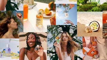 collage of various perfume bottles and summerthemed elements