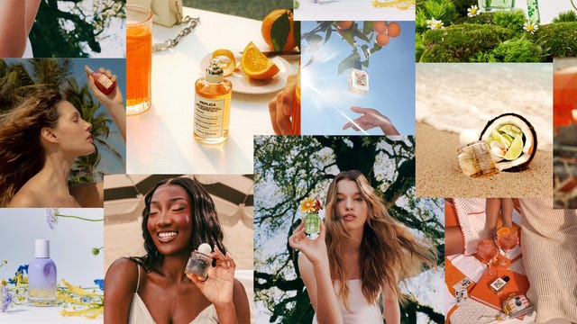 collage of various perfume bottles and summerthemed elements