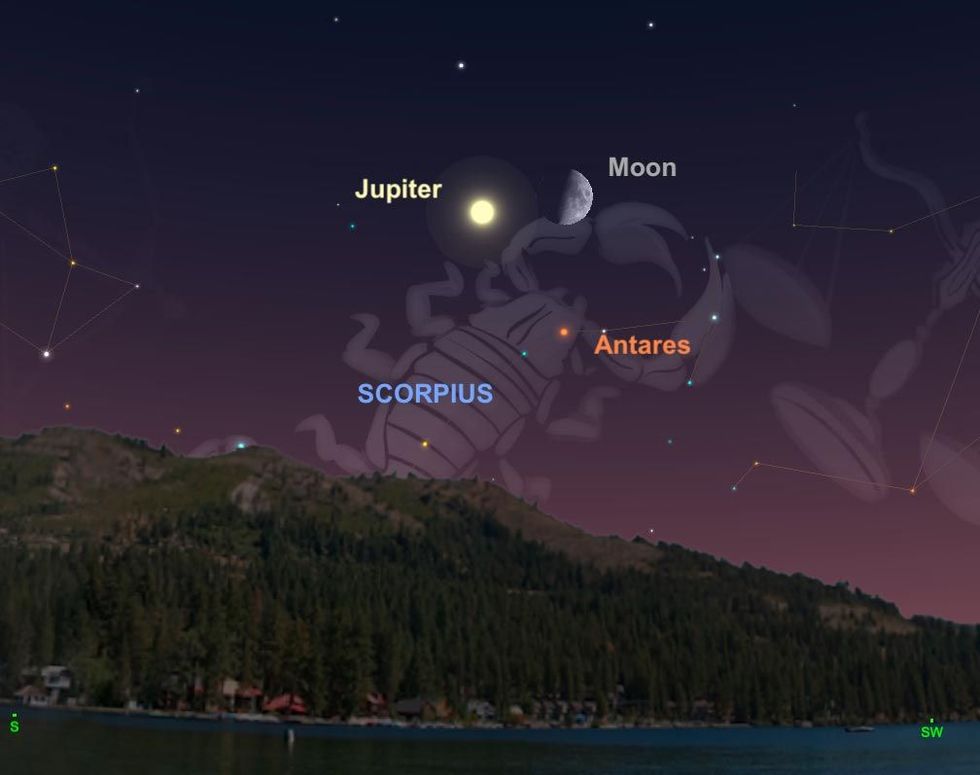 Op 5 september zal de maan in het sterrenbeeld Schorpioen een betoverend trio met Jupiter en de ster Antares vormen