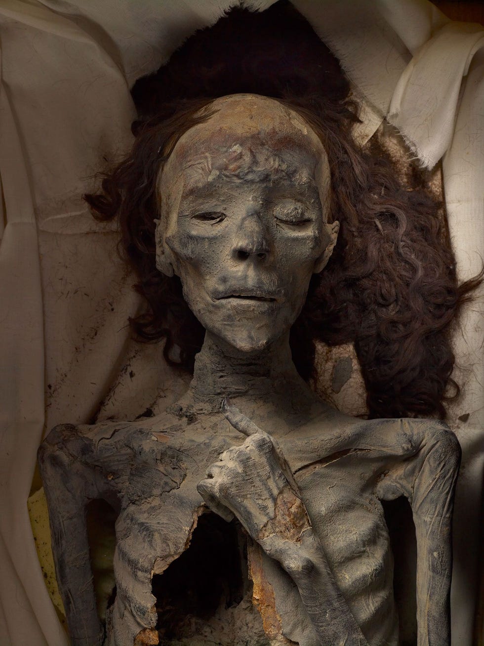 DNAanalyse toont aan dat deze koninklijke schoonheid Tiye was de vrouw van Amenhotep III en grootmoeder van Toetanchamon Ze was gebalsemd met haar linkerarm over haar borst gekruist wat we interpreteren als de houding van een koningin Haar haar is bewaard gebleven door het droge klimaat in Egypte