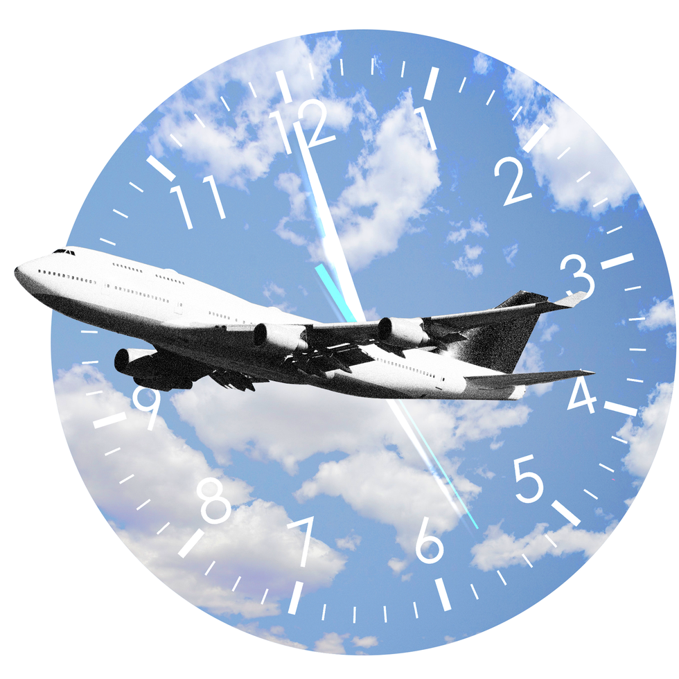 Air travel, Clock, Airline, Airplane, Illustration, Clip art, Airliner, Vehicle, Blue and white porcelain, Font, 