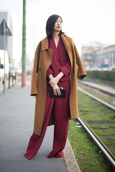 Clothing, Street fashion, Maroon, Red, Fashion, Outerwear, Costume, Trench coat, Haute couture, Coat, 