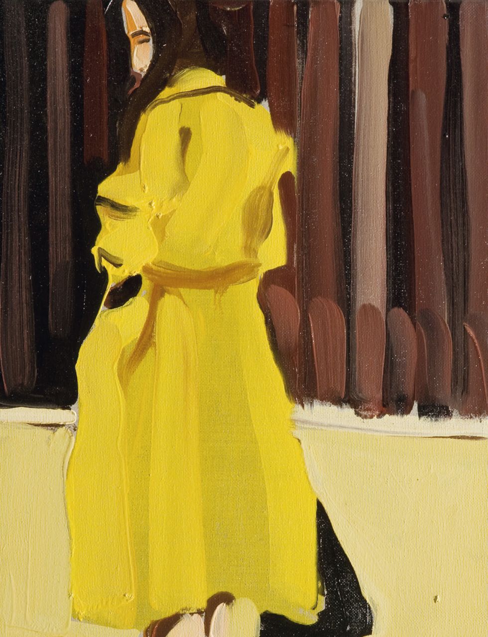 Yellow, Dress, Fashion, Shoulder, Outerwear, Painting, Joint, Costume design, Fashion illustration, Art, 