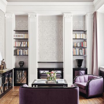 Living room, Room, Furniture, Interior design, Building, Property, Ceiling, Wall, Purple, Home, 