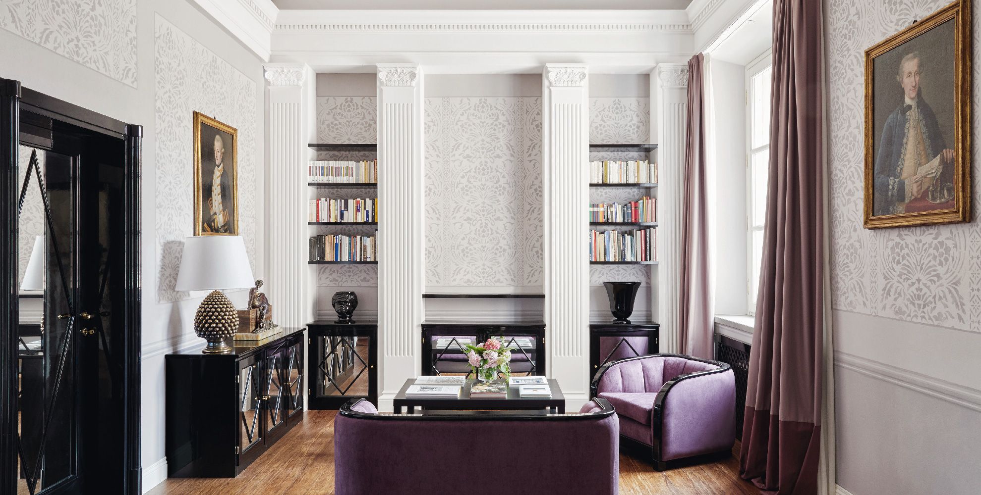 Living room, Room, Furniture, Interior design, Building, Property, Ceiling, Wall, Purple, Home, 