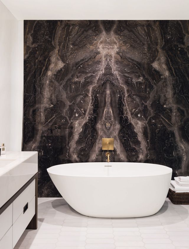 Black, Room, Bathroom, Bathtub, Interior design, Tile, Wall, Marble, Floor, Wallpaper, 