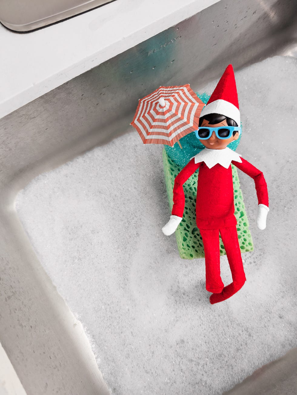 an elf on the shelf floats on a sponge