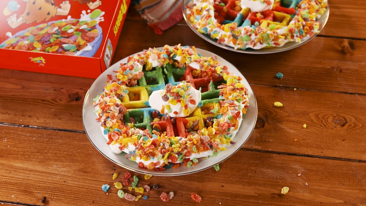 preview for Tie-Dye Fruity Pebbles Waffles Will Be Your New Obsession