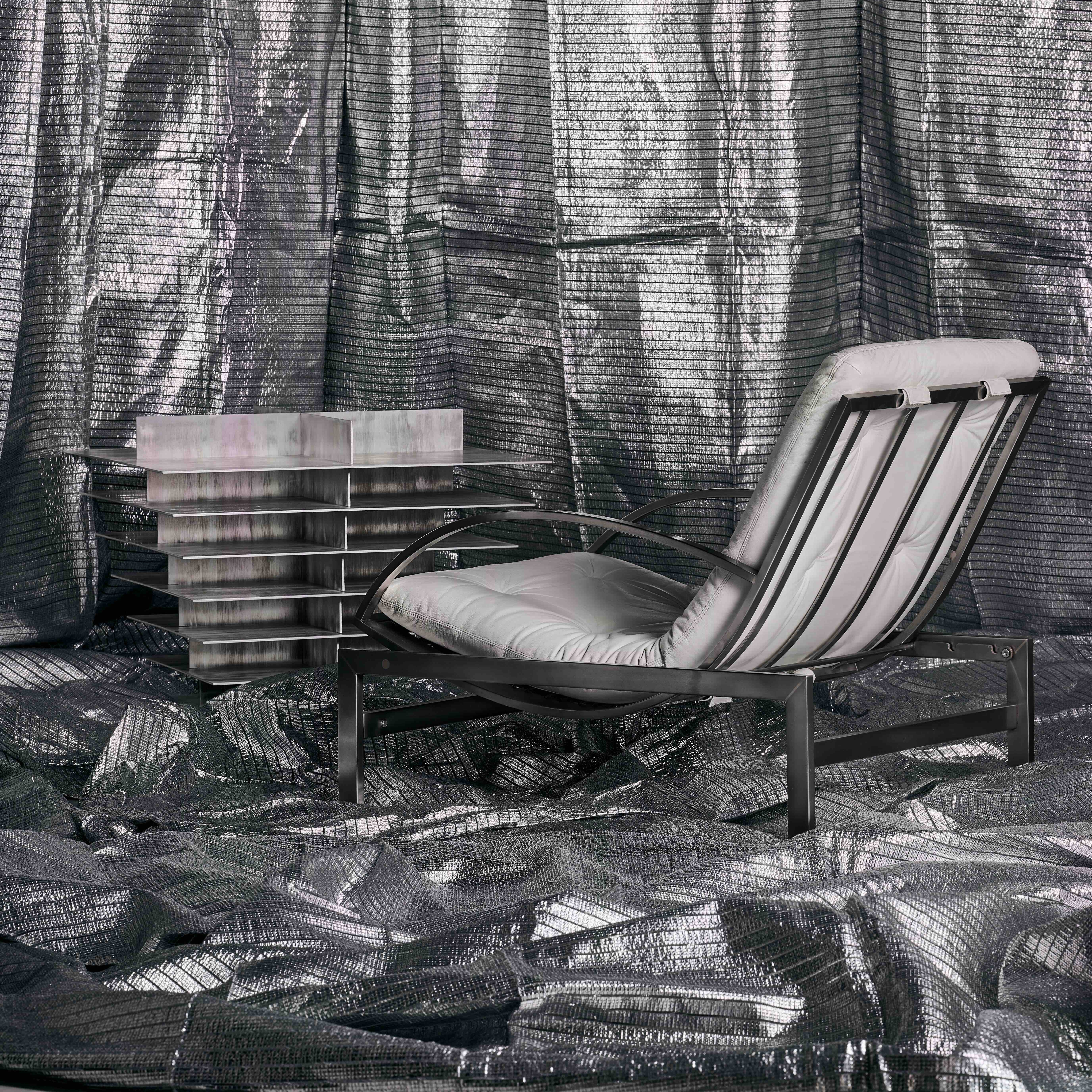 Nilufar Depot milan design week 2025 silver linings chair and table metallic on metallic background