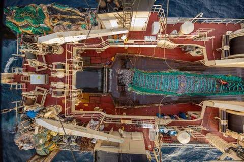 https://www.nationalgeographic.com/content/dam/science/2020/04/21/human-journey-steinmetz/05-human-journey-steinmetz.jpg Een kleine vijftig kilometer voor de kust van Oregon haalt deCP Alaska Oceaneen lading van 65 ton Pacifische heek op Met zijn 150koppige bemanning kan de 115 meter lange fabriekstrawler zijn vangst aan boord verwerken