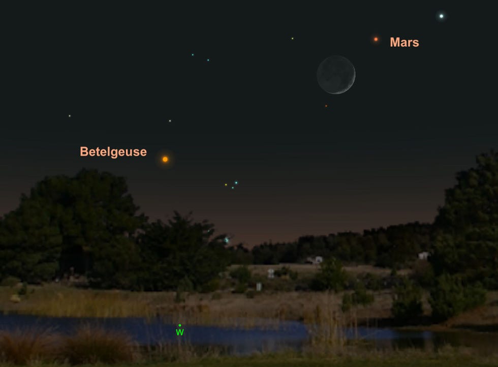 Mars staat op 7 mei in de buurt van de maan aan de westelijke hemel