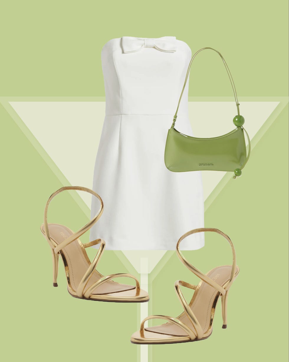 fashion ensemble featuring a white dress green handbag and gold highheeled sandals