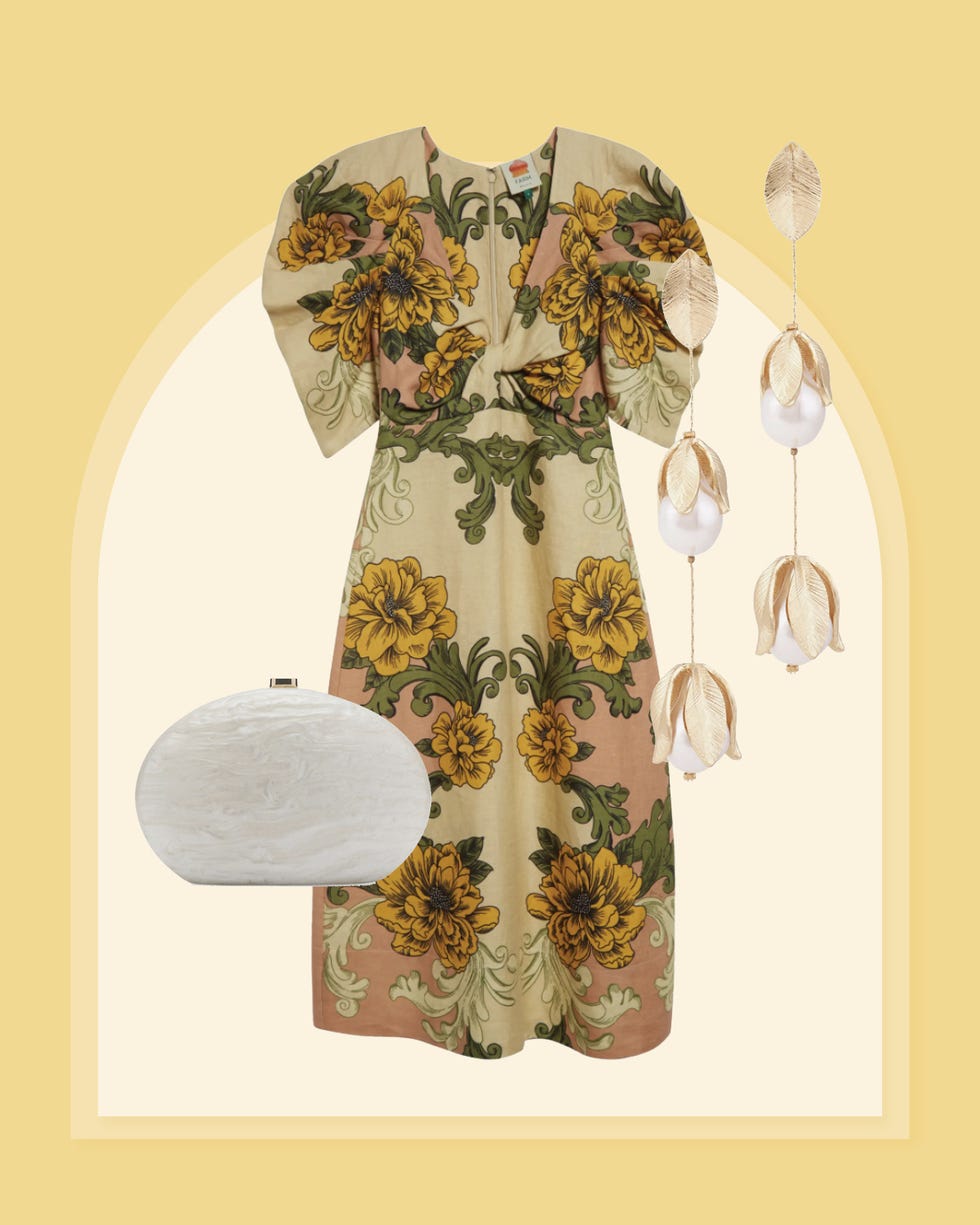 floral dress displayed with accessories