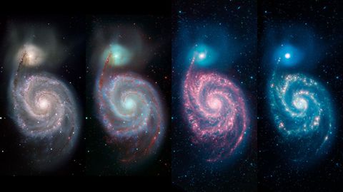 Afhankelijk van de gebruikte golflengte kun je verschillende kenmerken van het Draaikolkstelsel M51a zien De opname geheel links werd vastgelegd door het Kitt Peak National Observatory en toont aders van stof in zichtbaar licht De beide rechteropnamen werden gemaakt door de NASAruimtetelescoop Spitzer en tonen de aders in helder infrarood De tweede opname van links laat het sterrenstelsel zien in een combinatie van infrarood en zichtbaar licht