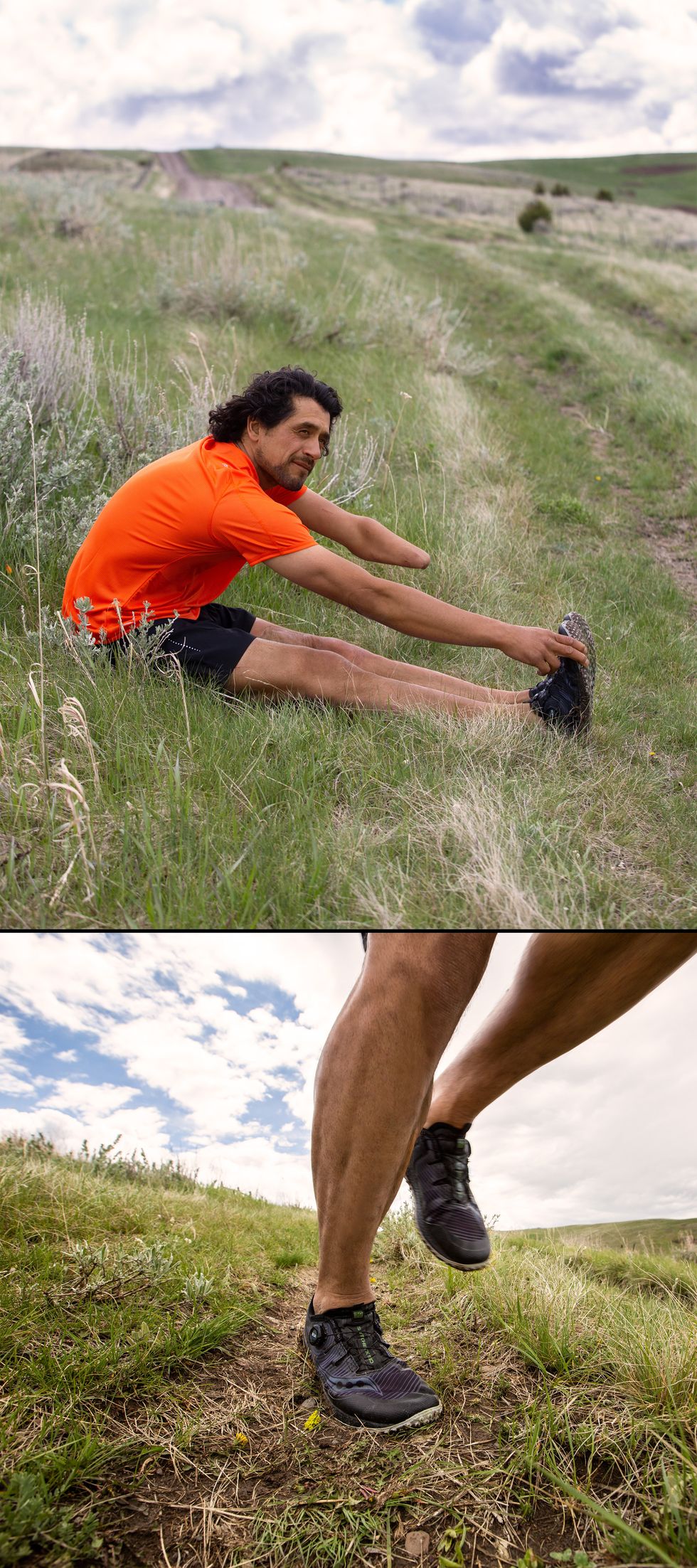 People in nature, Grass, Leg, Joint, Arm, Stretching, Human leg, Knee, Muscle, Grassland, 