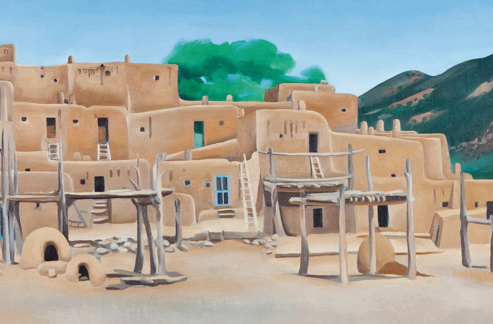 Pueblo, Watercolor paint, Human settlement, Historic site, Ancient history, Building, Art, Paint, Ruins, Egyptian temple, 