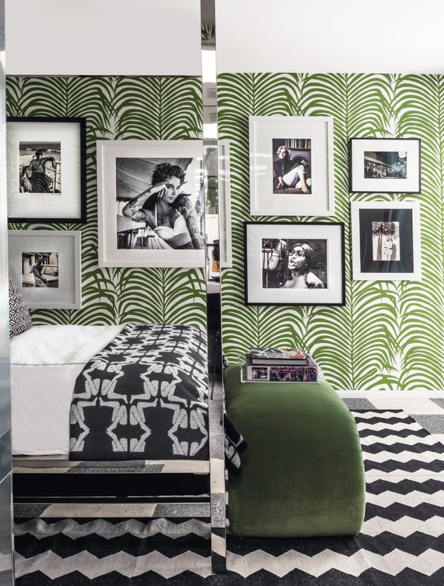 Green, Black, Room, Furniture, Black-and-white, Interior design, Brown, Bed sheet, Bedroom, Wall, 