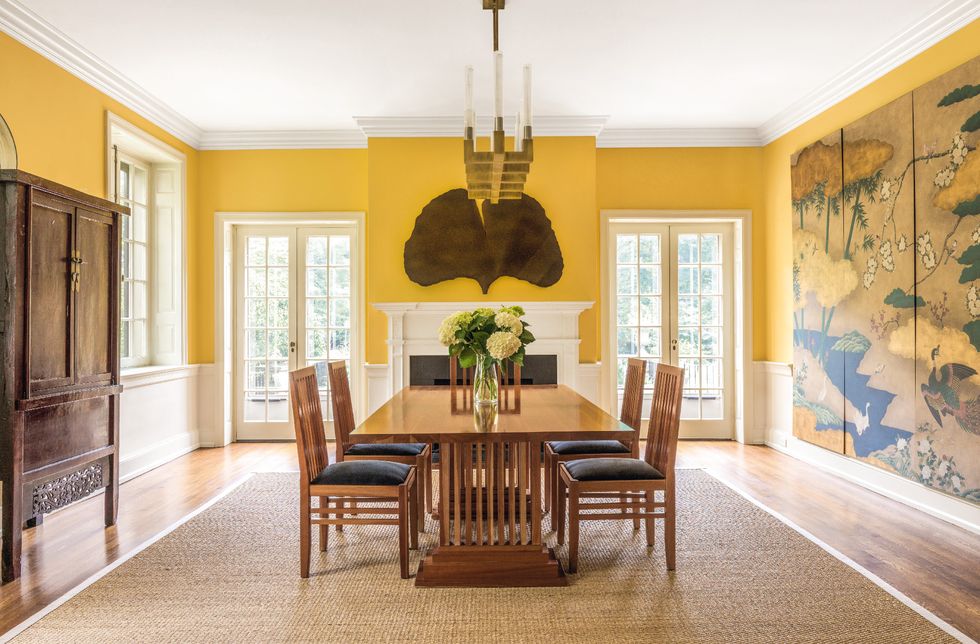 Room, Dining room, Ceiling, Property, Interior design, Furniture, Yellow, Floor, Building, Table, 