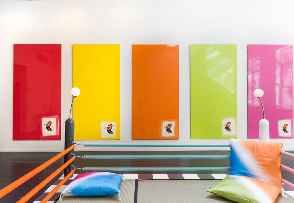 Orange, Yellow, Room, Wall, Furniture, Interior design, Material property, Rectangle, Wallpaper, Floor, 
