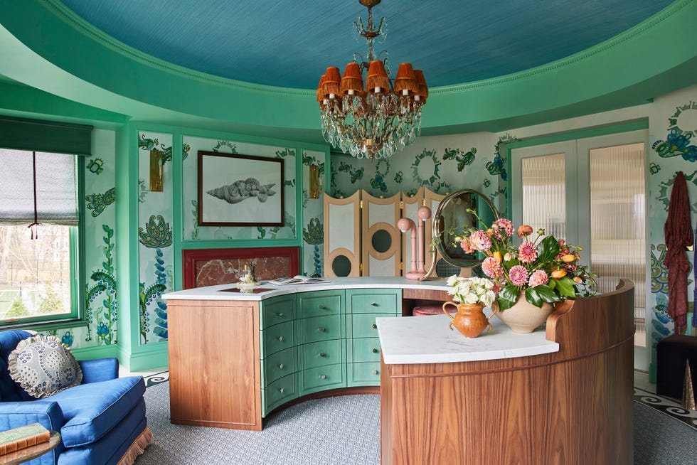 mint green dressing room with curved vanity