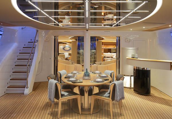 Luxury yacht, Room, Interior design, Ceiling, Property, Building, Lighting, Dining room, Yacht, Deck, 