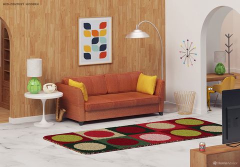 Furniture, Room, Living room, Interior design, Floor, Product, Orange, Couch, Yellow, Flooring, 