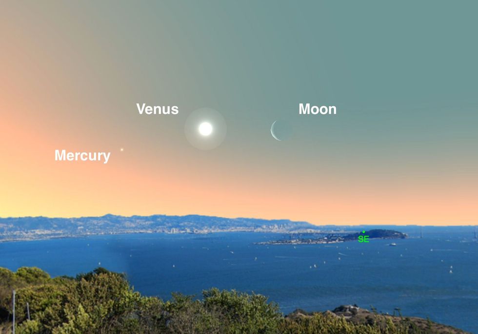 Bekijk op 2 april hoe de heldere planeet Venus rond zonsopgang dichtbij de maansikkel komt te staan