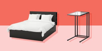 Furniture, Bed, Bed frame, Bedroom, Room, Table, Nightstand, Bed sheet, Material property, Desk, 