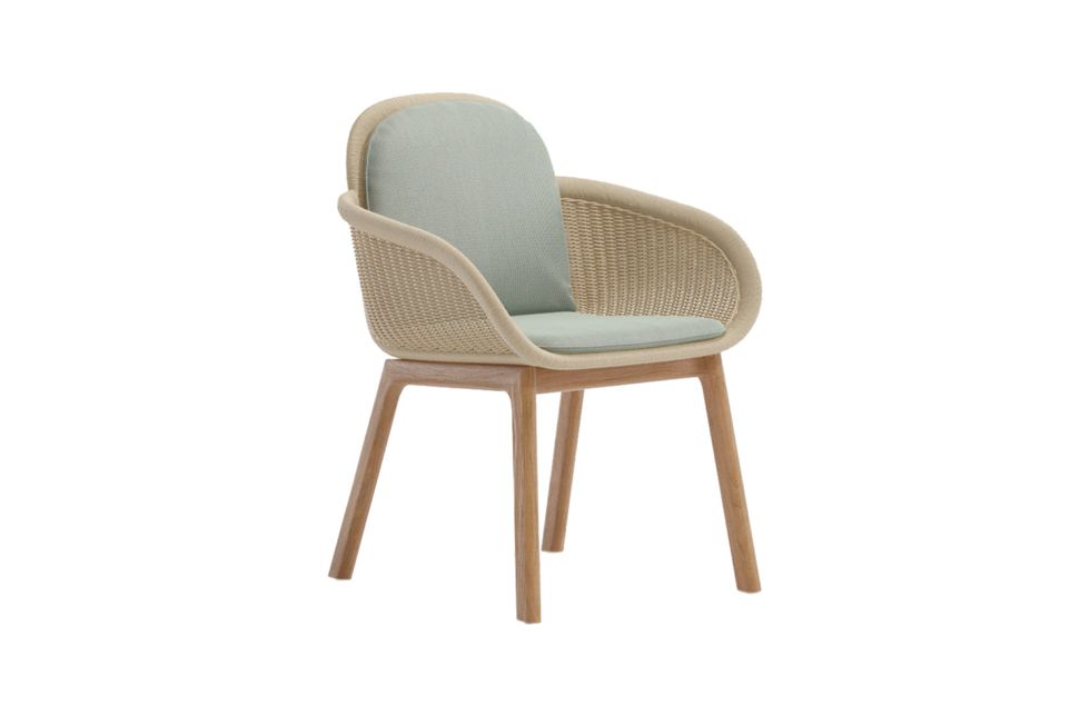 Chair, Furniture, Line, Beige, Wicker, Outdoor furniture, Armrest, Comfort, Auto part, Wood, 