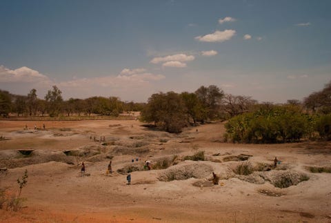 Boorputten die ten behoeve van vee in een rivierbedding in Tanzania zijn geslagen worden ook gebruikt door mensen