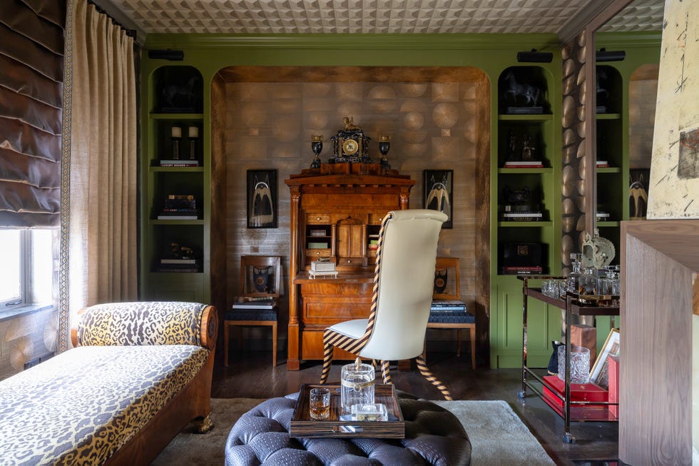 antique secretary between green lacquer bookcases