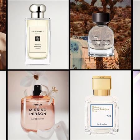 Uma coleção de várias garrafas de perfume exibidas em um layout de grade Uma coleção de várias garrafas de perfume exibidas em um layout de grade