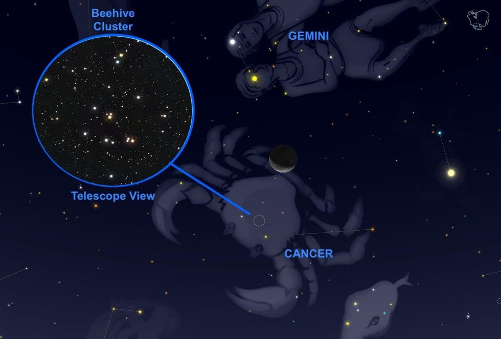 Op 24 september zal de maansikkel in het sterreenbeeld Kreeft vlak langs de sterrenhoop Praesepe trekken