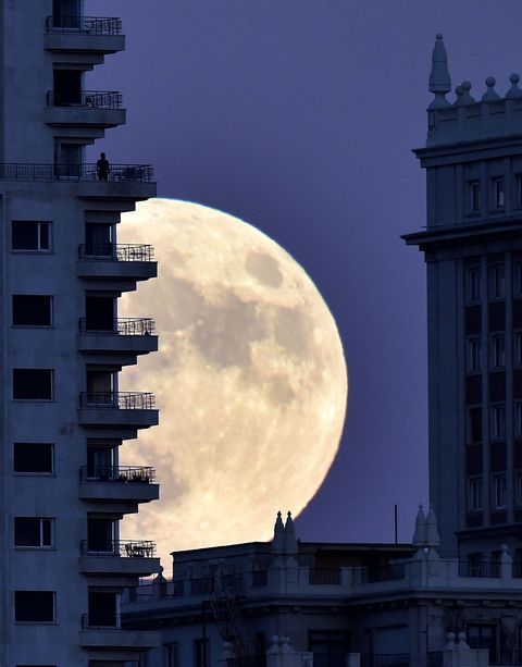 A man stands on a balcony in Madrid as the supermoon rises in November 2016