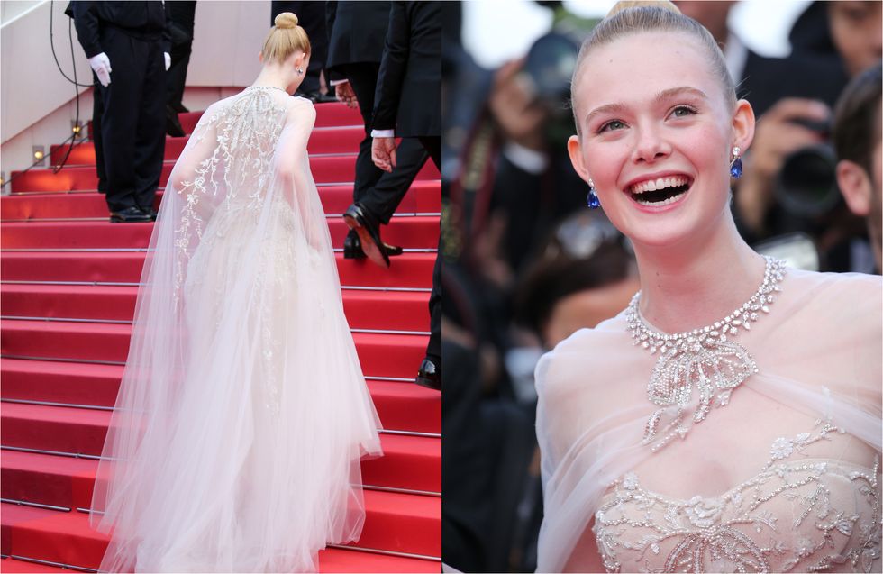 Dress, Gown, Red carpet, White, Shoulder, Facial expression, Clothing, Red, Carpet, Pink, 