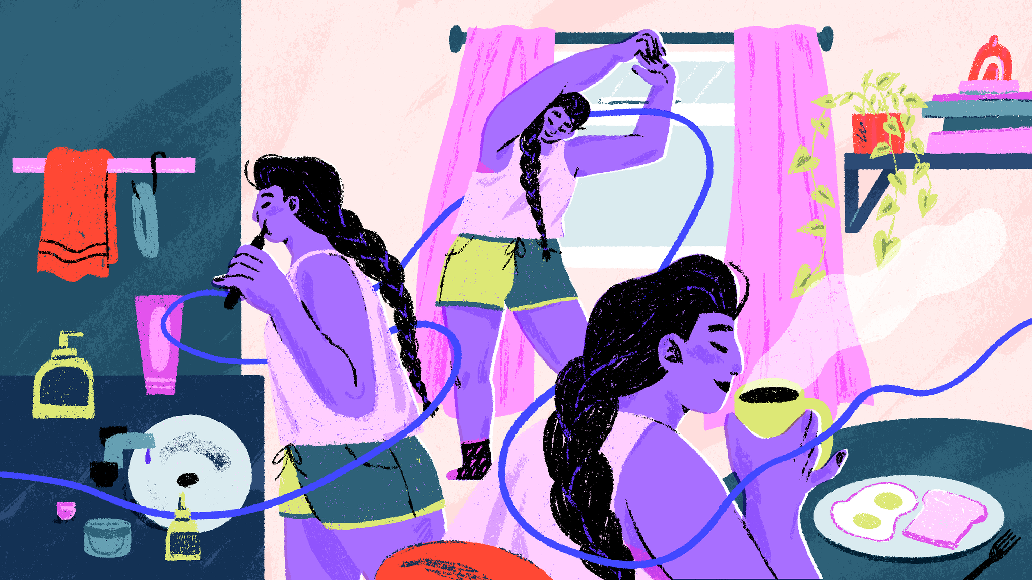 illustration of a woman doing multiple activities like brushing teeth and working out