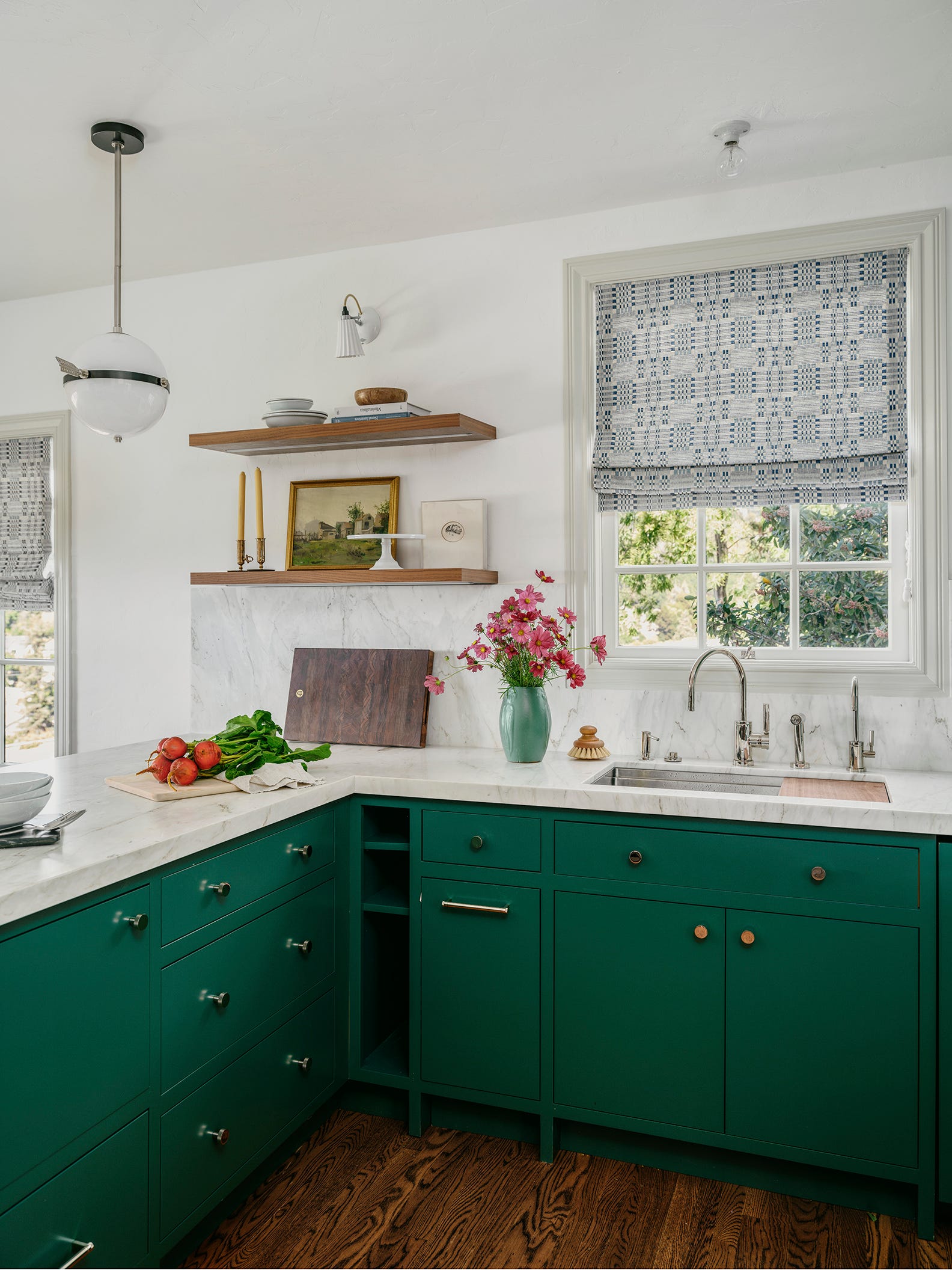 large green kitchen cabinets