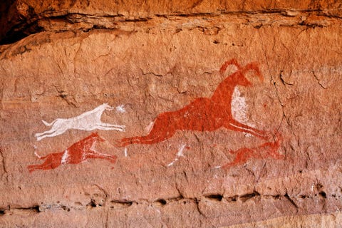 In deze 12000 jaar oude rotstekening in de bergachtige woestijn van Tadrart Acacus in Libi is uitgebeeld hoe een pak snelle honden een antilope opjaagt