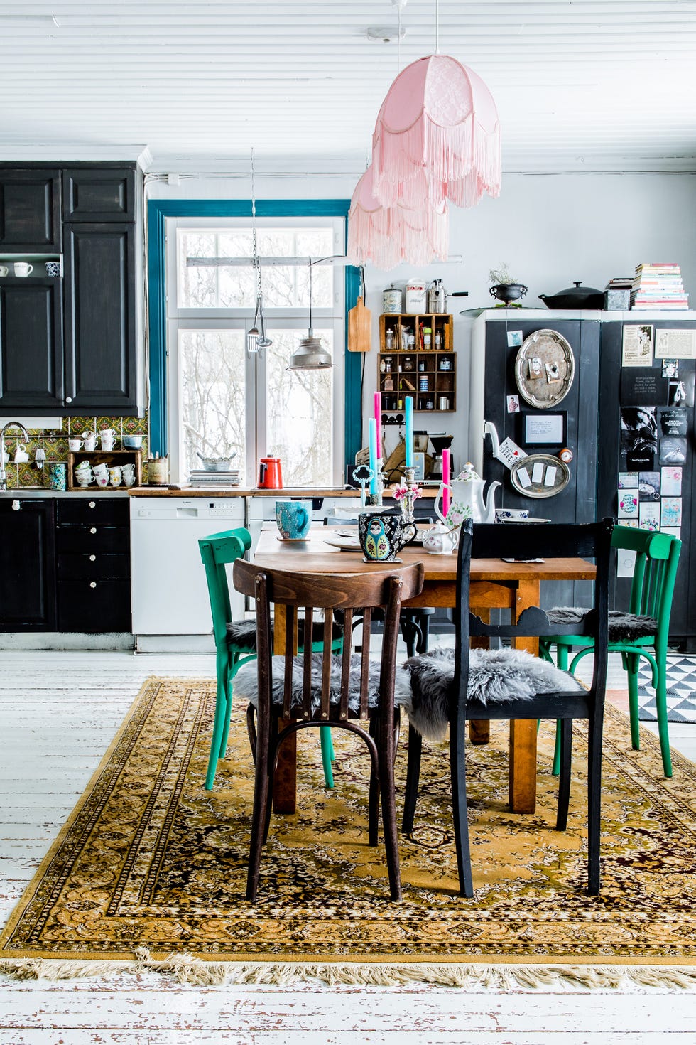 Furniture, Room, Table, Turquoise, Dining room, Chair, Interior design, Building, Material property, House, 