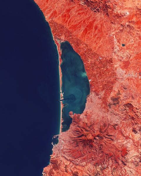 De Marchicalagune aan de MiddellandseZeekust van Marokko lijkt op de letter D op deze satellietfoto in valse kleuren die op 2 februari 2016 door Landsat 8 werd gemaakt